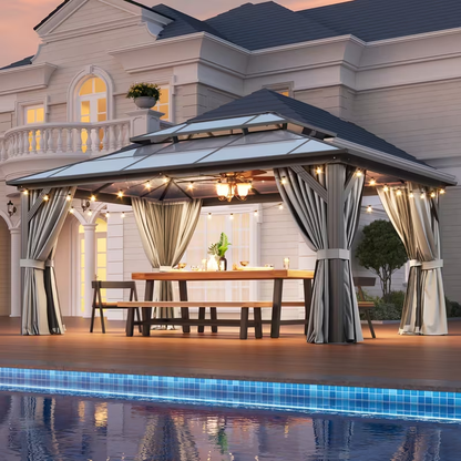 Hardtop Gazebo Polycarbonate Roof Aluminum Frame Curtains & Net