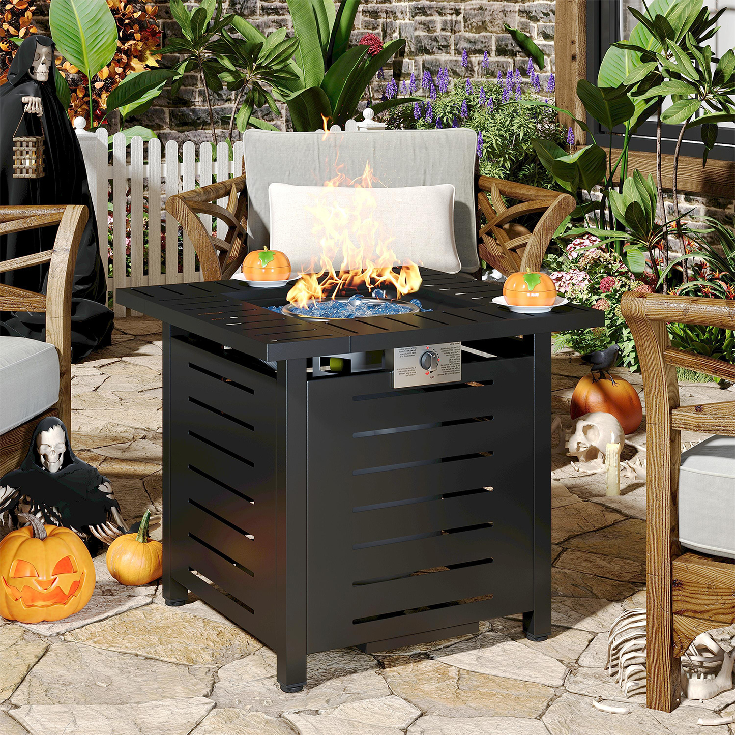 Propane Fire Pit Table Outdoor 50,000 BTU Gas Fire Table with Lid Lava Rocks & Waterproof Cover for Patio Backyard Deck Black Brown 40"/44"