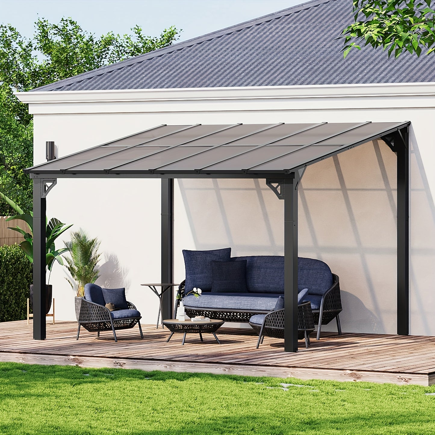 Lean-To Pergola Wall-Mounted Aluminum Louvered Roof Patio Awning