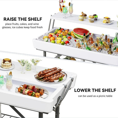 2-Tier Ice Table 40.5" Folding Bar Cooler with Drain, Skirt & Metal Shelf, Double-Layer Outdoor Beverage Station for Parties, BBQ & Camping