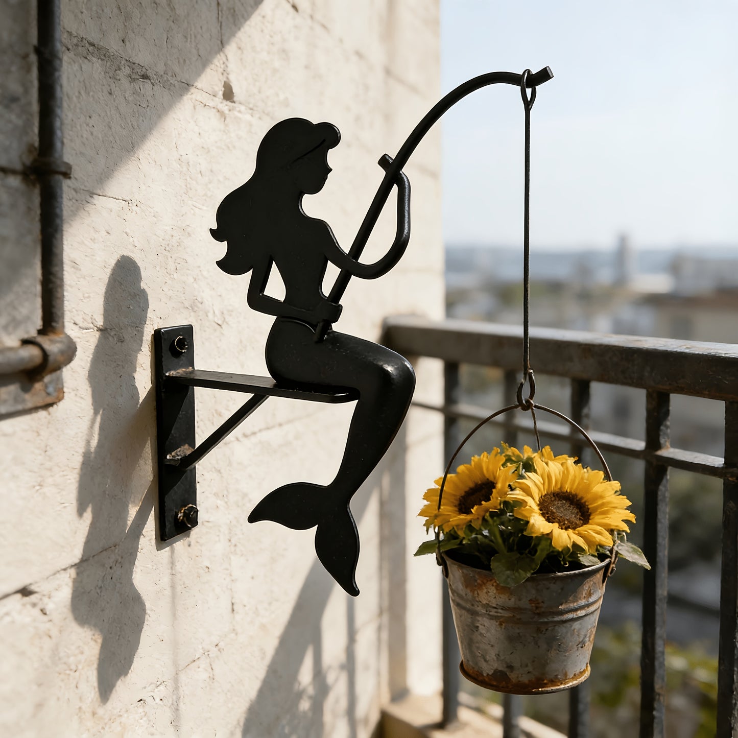 Wall Planter Hanging Iron Art Mermaid Flower Pot Holder for Balcony Vertical Garden - Creative Fisherman Theme Indoor Outdoor Plant Stand Shelf, Boho Wall Decor