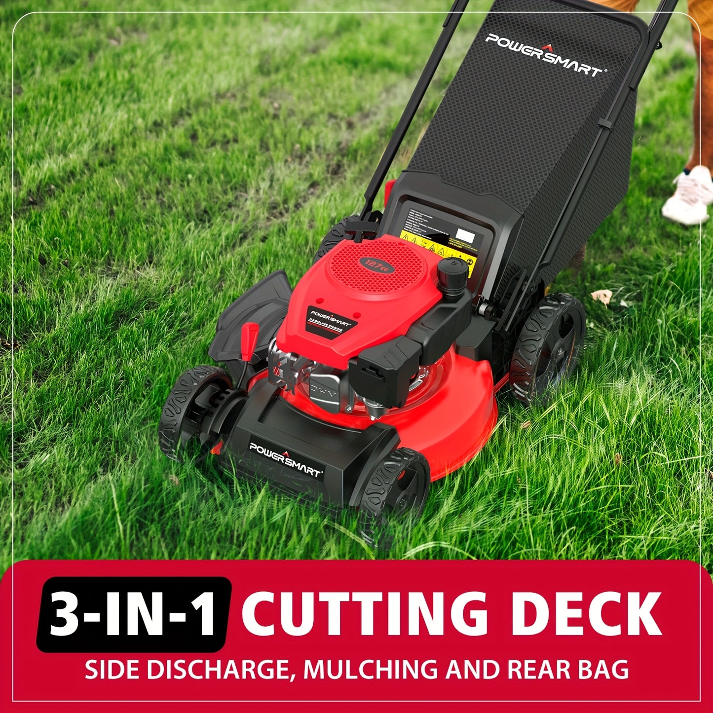 Gas Lawn Mower 18-Inch 140cc 4-Stroke Engine 3-in-1 Push Mower with Rear Bag Side Discharge Mulching 6-Position Height Adjustment Walk-Behind