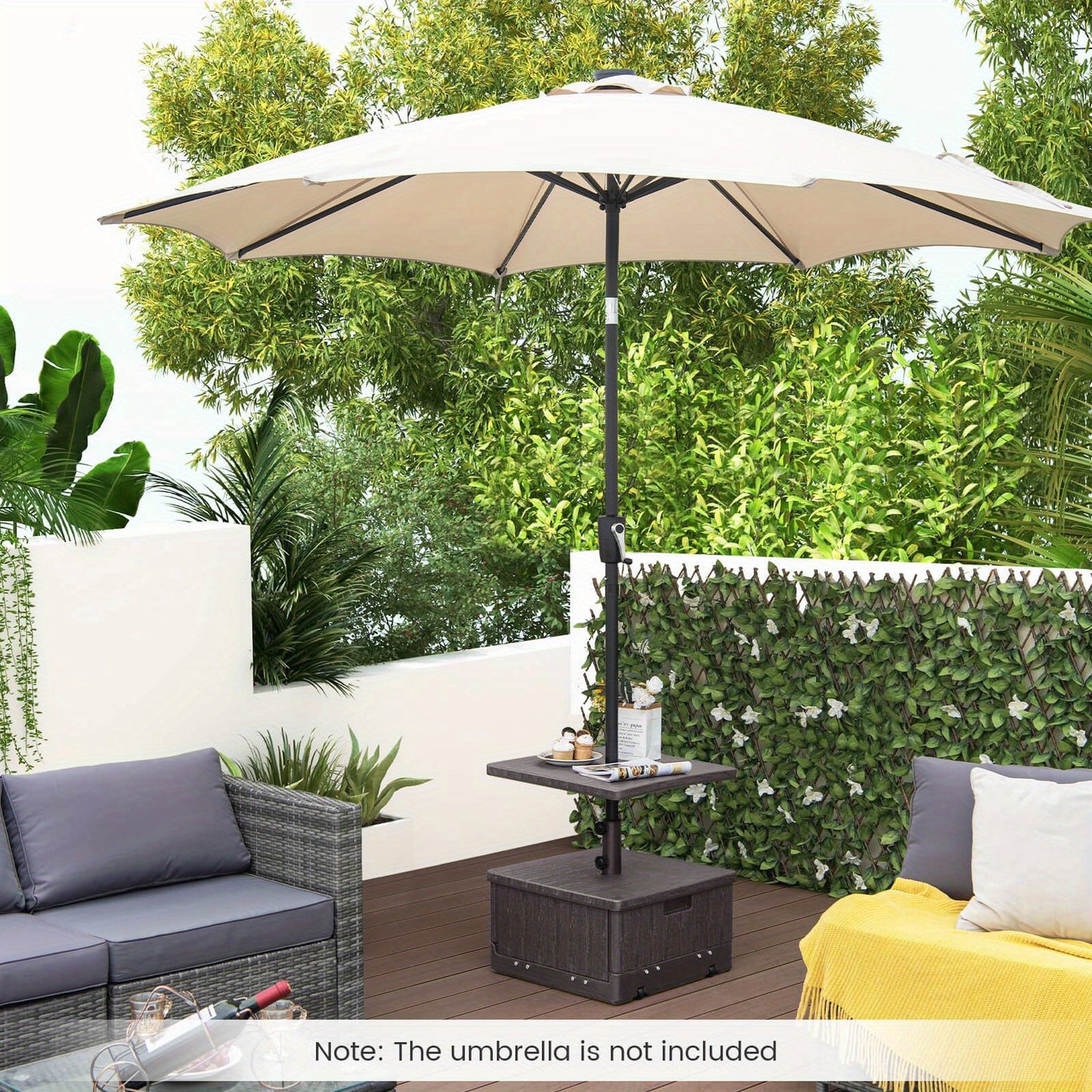 Patio Umbrella Base 3-in-1 Fillable 175 lbs with Table Tray & Planter Box Wheeled Stand Fits 1.5"/1.9" Poles 6-10 ft Market Offset Umbrellas HDPE Brown