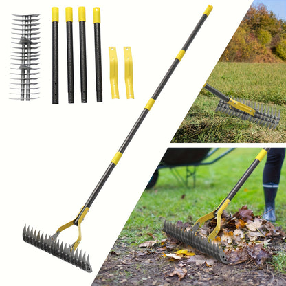 Thatch Rake Heavy Duty Dual-Action - 15-Inch Manual Dethatcher & Lawn Scarifier with Sharp Metal Blades for Dead Grass Removal, Soil Loosening & Lawn Aeration - Available in 55 & 70 Inch Handle