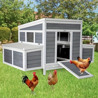 Wooden Chicken Coop with 2 Large Nesting Boxes for 4-6 Chickens | 59" Outdoor Hen House with Weatherproof PVC Roof, Ramps, Perches & Multiple Entrances
