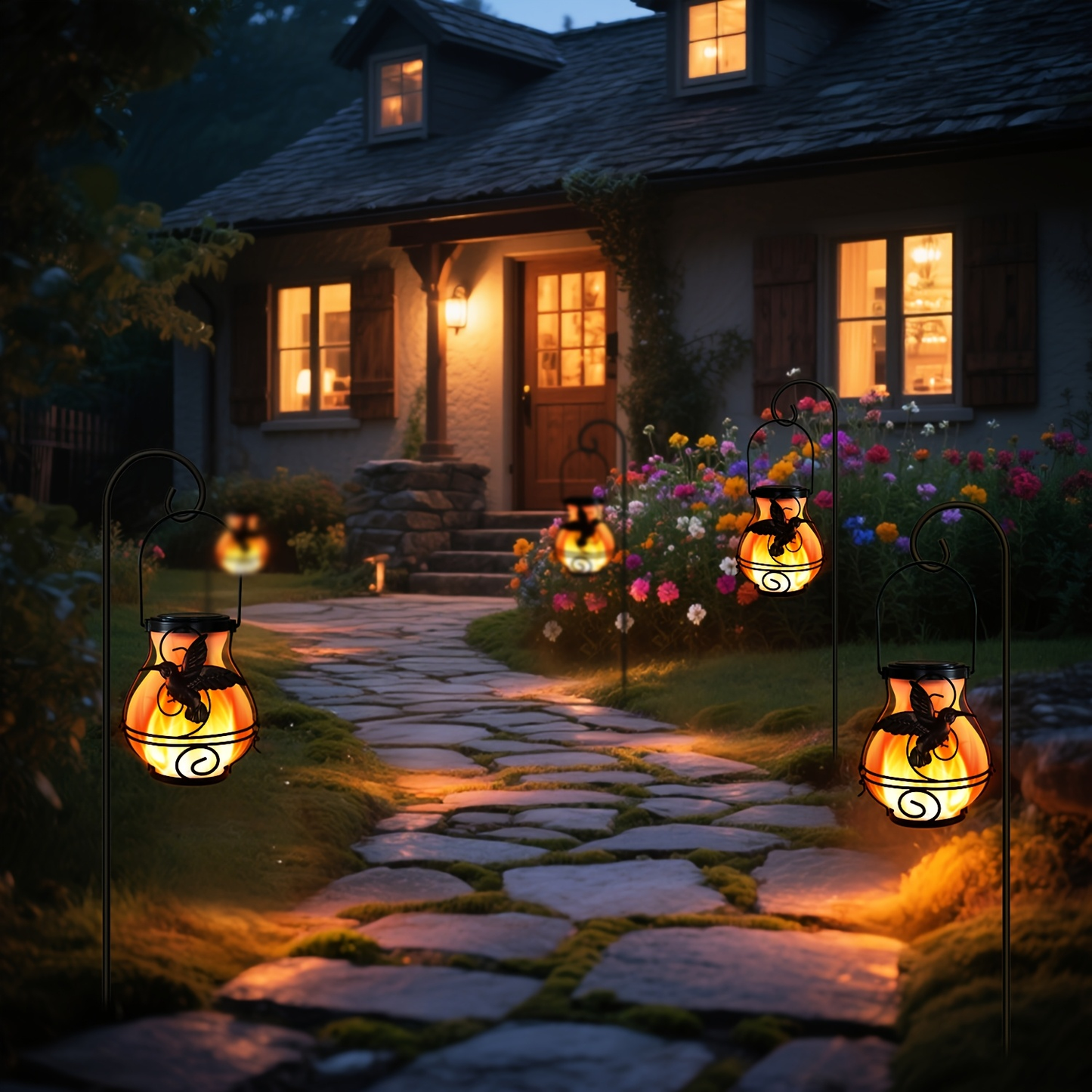 Solar Hummingbird Flame Torch Lights Outdoor Waterproof IP44 Hanging Flickering Garden Lanterns Patio Yard Pathway Decor Stake Lights