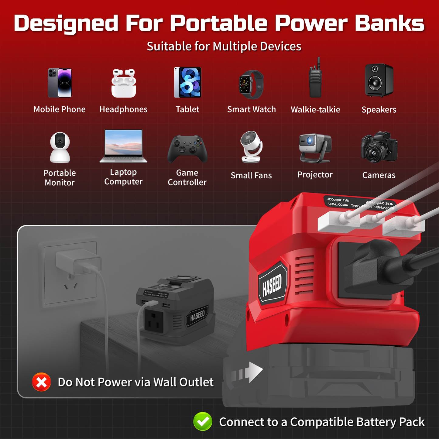Power Inverter 220W for 18V Battery - DC 18V to AC 110V Portable Generator for Camping, Emergency, Mobile Work, Compatible with Ryobi Milwaukee (Battery Not Included)