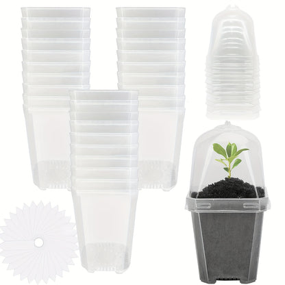 Clear Nursery Pots 3 Inch with Humidity Dome Lids 30pcs | Stackable Seed Starter Pots | Built-In Labels | Succulents Seedlings Cuttings Propagation
