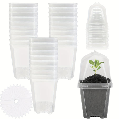 Clear Nursery Pots 3 Inch with Humidity Dome Lids 30pcs | Stackable Seed Starter Pots | Built-In Labels | Succulents Seedlings Cuttings Propagation