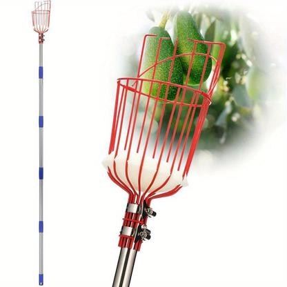 Fruit Picking Pole with Basket 8FT Height Adjustable - Fruit Catcher Tree Picker for Mango, Lemon, Orange, Apple & More - Long Reach Orchard Harvesting Tool for Tall Trees