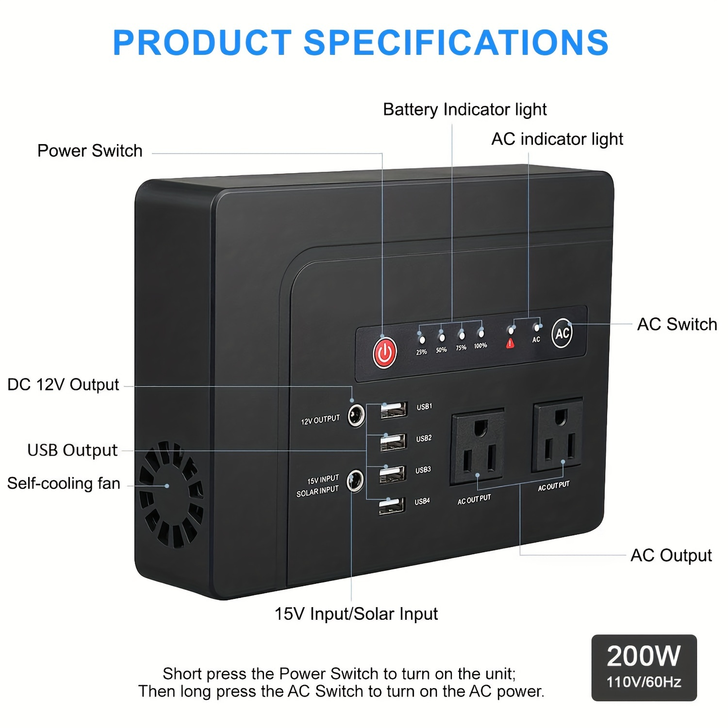 Solar Generator 146Wh 200W Portable Power Station - 39600mAh, 2×AC 110V Outlets, DC Port, 4 USB Ports, Hard Carrying Case, Solar Charging for CPAP, Camping, RV, Road Trip, Home Emergency