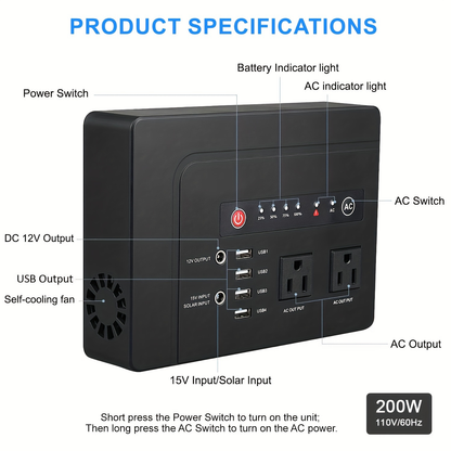 Solar Generator 146Wh 200W Portable Power Station - 39600mAh, 2×AC 110V Outlets, DC Port, 4 USB Ports, Hard Carrying Case, Solar Charging for CPAP, Camping, RV, Road Trip, Home Emergency