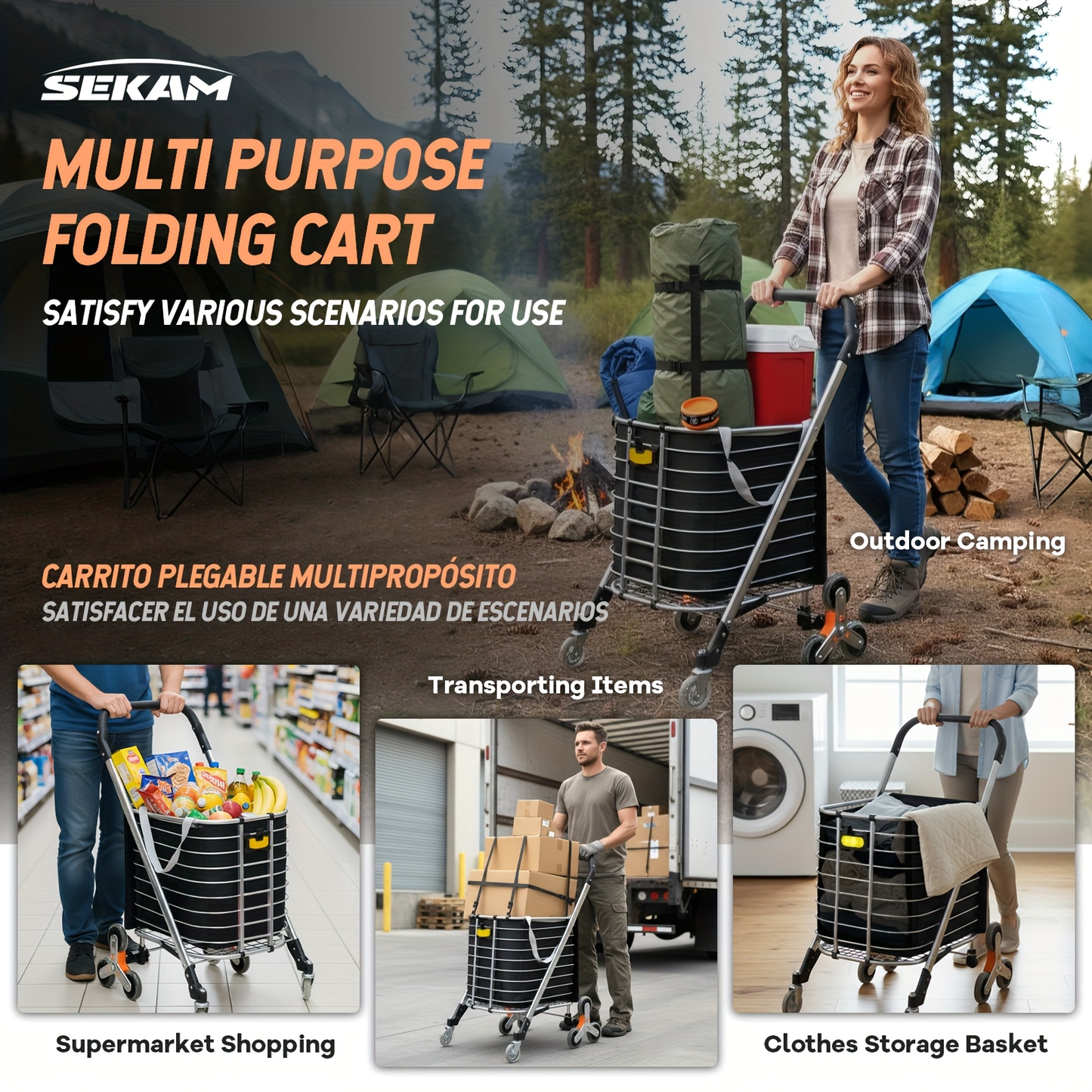 Stair Climbing Cart Collapsible Shopping Trolley with Swivel Wheels & Night Light, Portable Folding Utility Cart for Supermarket Camping Groceries Indoor Outdoor Use