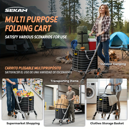 Stair Climbing Cart Collapsible Shopping Trolley with Swivel Wheels & Night Light, Portable Folding Utility Cart for Supermarket Camping Groceries Indoor Outdoor Use