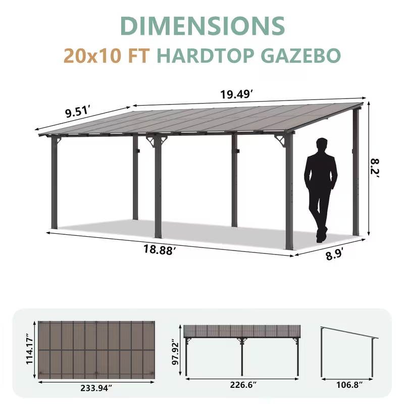 Wall Mounted Pergola Gazebo Hard Top Lean-To Aluminum Patio Cover