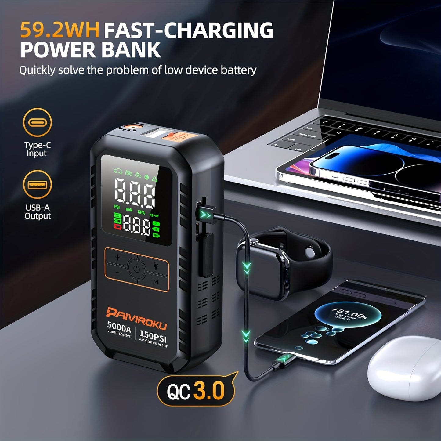 Portable Jump Starter 5000A 7-in-1 with Air Compressor 150PSI, Battery Booster for Car 7.0L Gas/6.0L Diesel, QC3.0 Power Bank, LCD Display & LED Emergency Light
