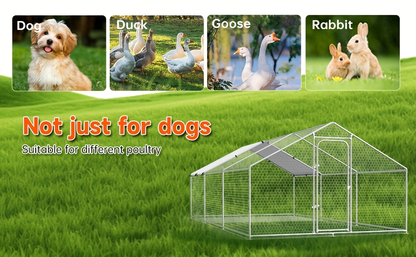 Dog Kennel Outdoor Large Metal Walk-in Chicken Run Pen Poultry Cage with Anti-UV Cover Movable Rack or Dolly 2 Sizes for Farm Backyard Chickens Dogs Rabbits
