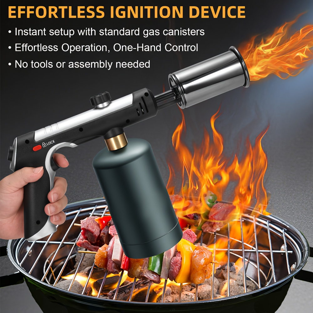 Propane Torch with One-Touch Max Fire & Safety Lock, Cooking Blow Torch Gun for Sous Vide, Searing Steak, BBQ, Grill, Campfire & Charcoal, Adjustable Flame Kitchen Torch, Black/Golden (Tank Not Included)
