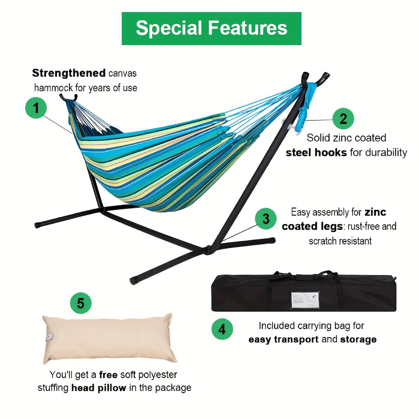 Double Hammock with Steel Stand 450 lbs Heavy Duty Portable Outdoor Indoor Carry Case Head Pillow No Assembly Camping Patio Backyard Multiple Colors