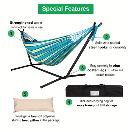 Double Hammock with Steel Stand 450 lbs Heavy Duty Portable Outdoor Indoor Carry Case Head Pillow No Assembly Camping Patio Backyard Multiple Colors