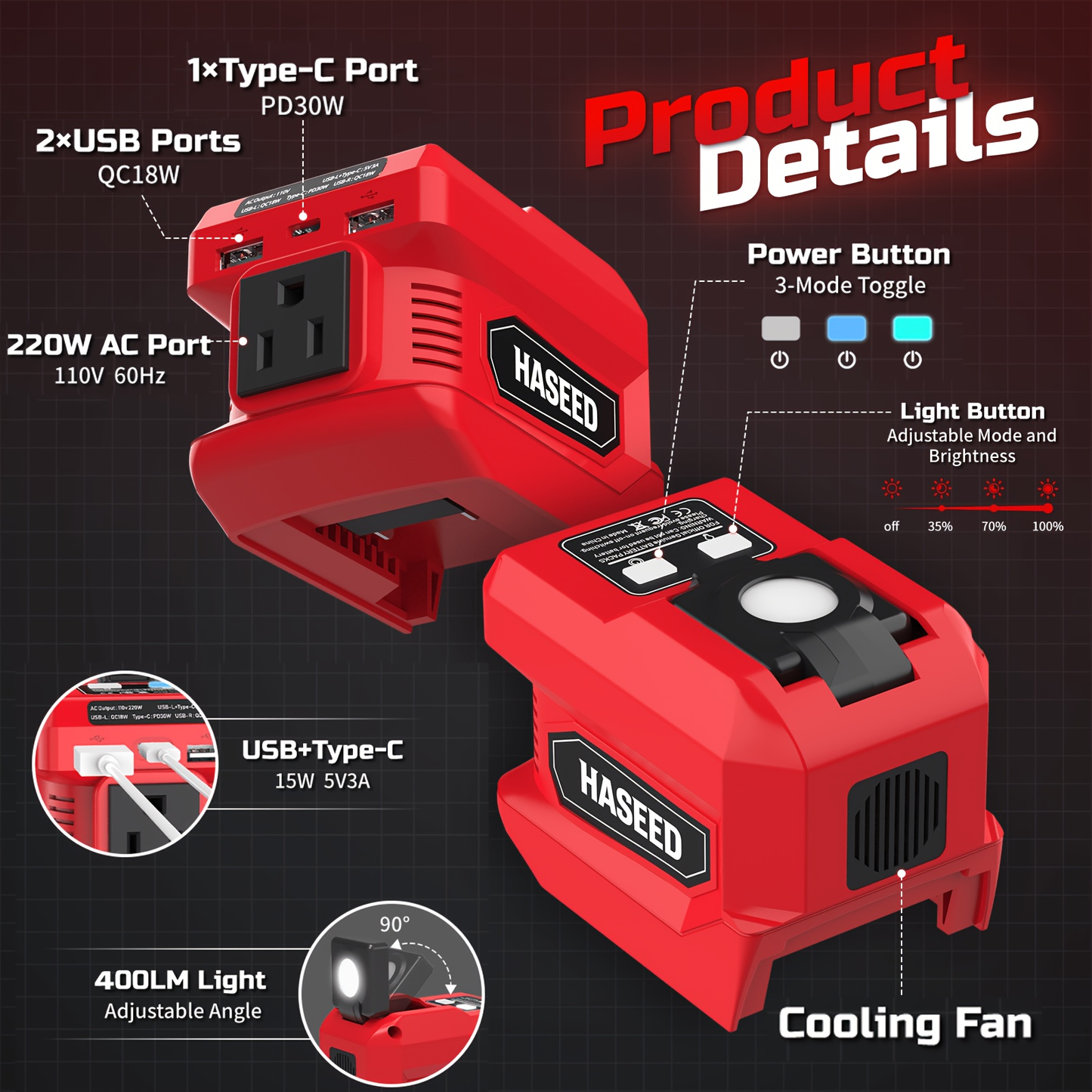 Power Inverter 220W for 18V Battery - DC 18V to AC 110V Portable Generator for Camping, Emergency, Mobile Work, Compatible with Ryobi Milwaukee (Battery Not Included)