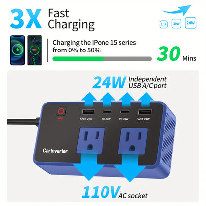 Car Inverter Charger 200W DC 12V to AC 110V with PD 24W USB-C QC 24W Quick Charge Car Plug Adapter US Socket for Vehicle Office Camping Road Trip Travel Blue