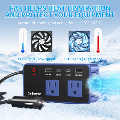 Car Inverter Charger 200W DC 12V to AC 110V with PD 24W USB-C QC 24W Quick Charge Car Plug Adapter US Socket for Vehicle Office Camping Road Trip Travel Blue