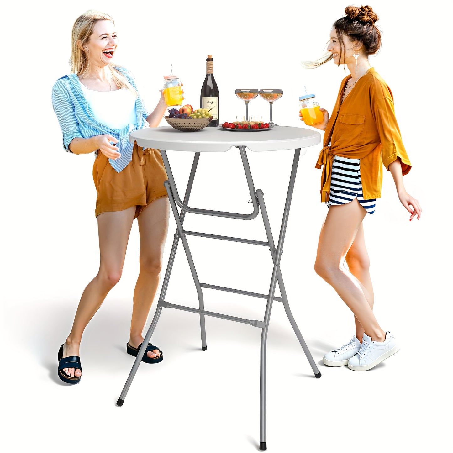 Round Folding Table 32" Bar Height Portable Plastic Top Metal Frame Lockable Legs for Parties, Commercial Events, Indoor & Outdoor Use