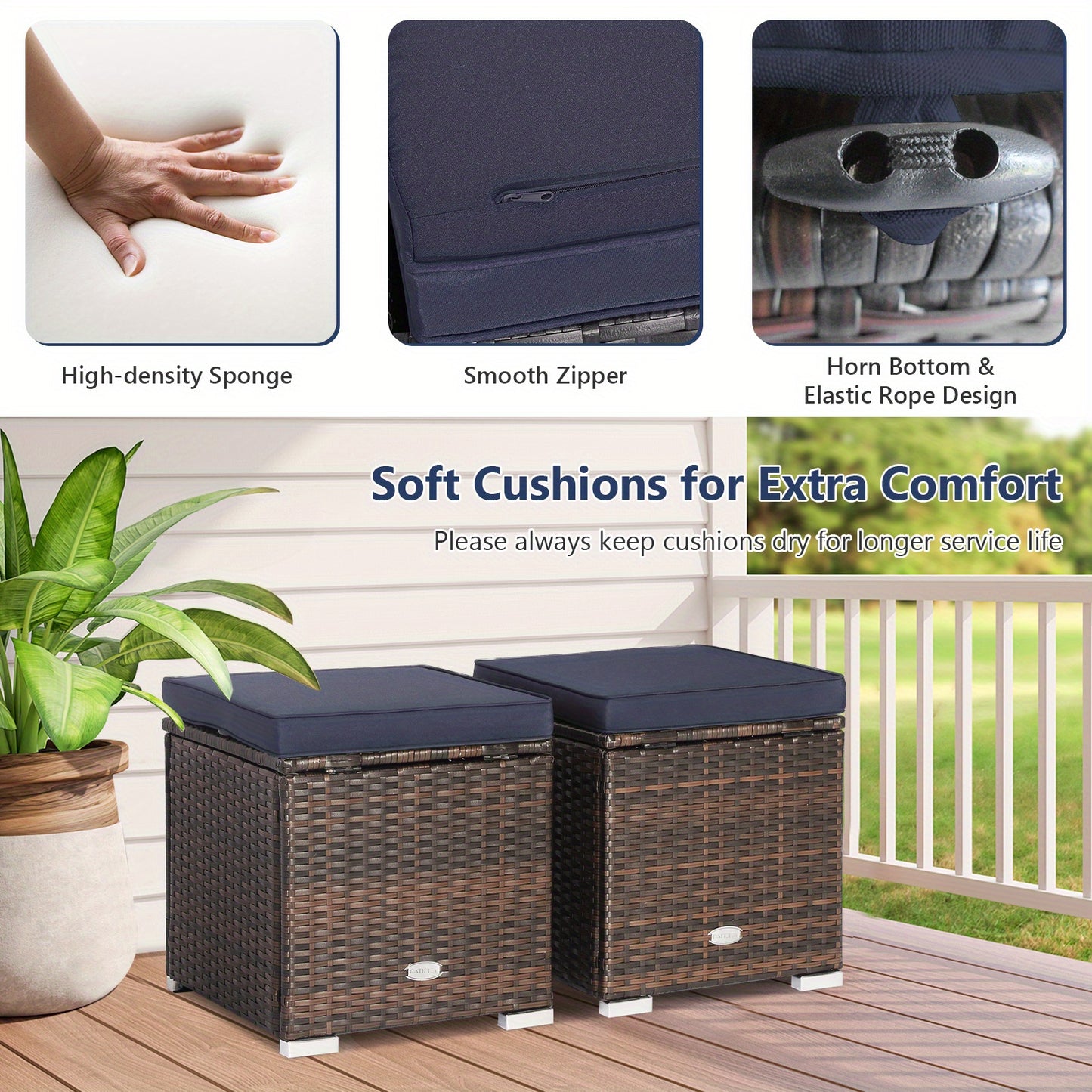 Outdoor Wicker Ottoman Set of 2 with Hidden Storage – PE Wicker Footstools with Detachable Cushions, Side Table & Extra Seating for Patio, Garden & Poolside