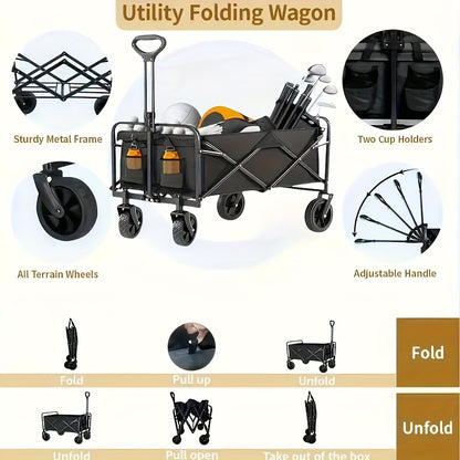 Folding Wagon Cart 360° All-Terrain Heavy Duty | Camping Beach Picnic Garden Sports Wagon with Cup Holder