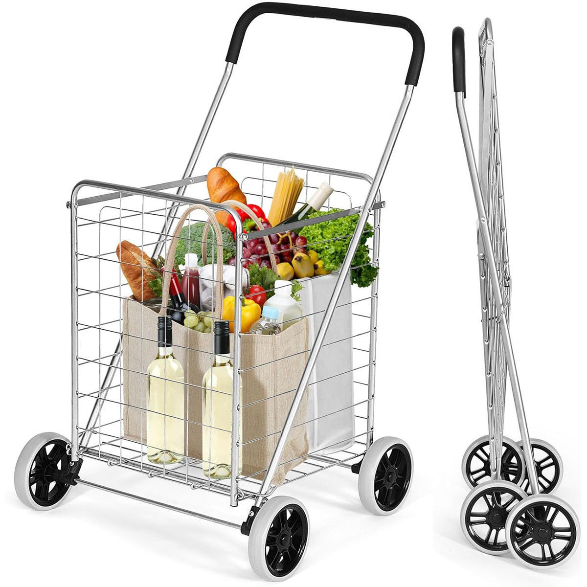 Rolling Shopping Cart Heavy Duty Metal Basket 100 LBS Capacity, Foldable Grocery Utility Cart with Foam Handle Large Wheels 22 Gal for Supermarket Laundry Warehouse