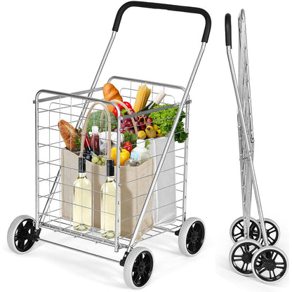 Rolling Shopping Cart Heavy Duty Metal Basket 100 LBS Capacity, Foldable Grocery Utility Cart with Foam Handle Large Wheels 22 Gal for Supermarket Laundry Warehouse
