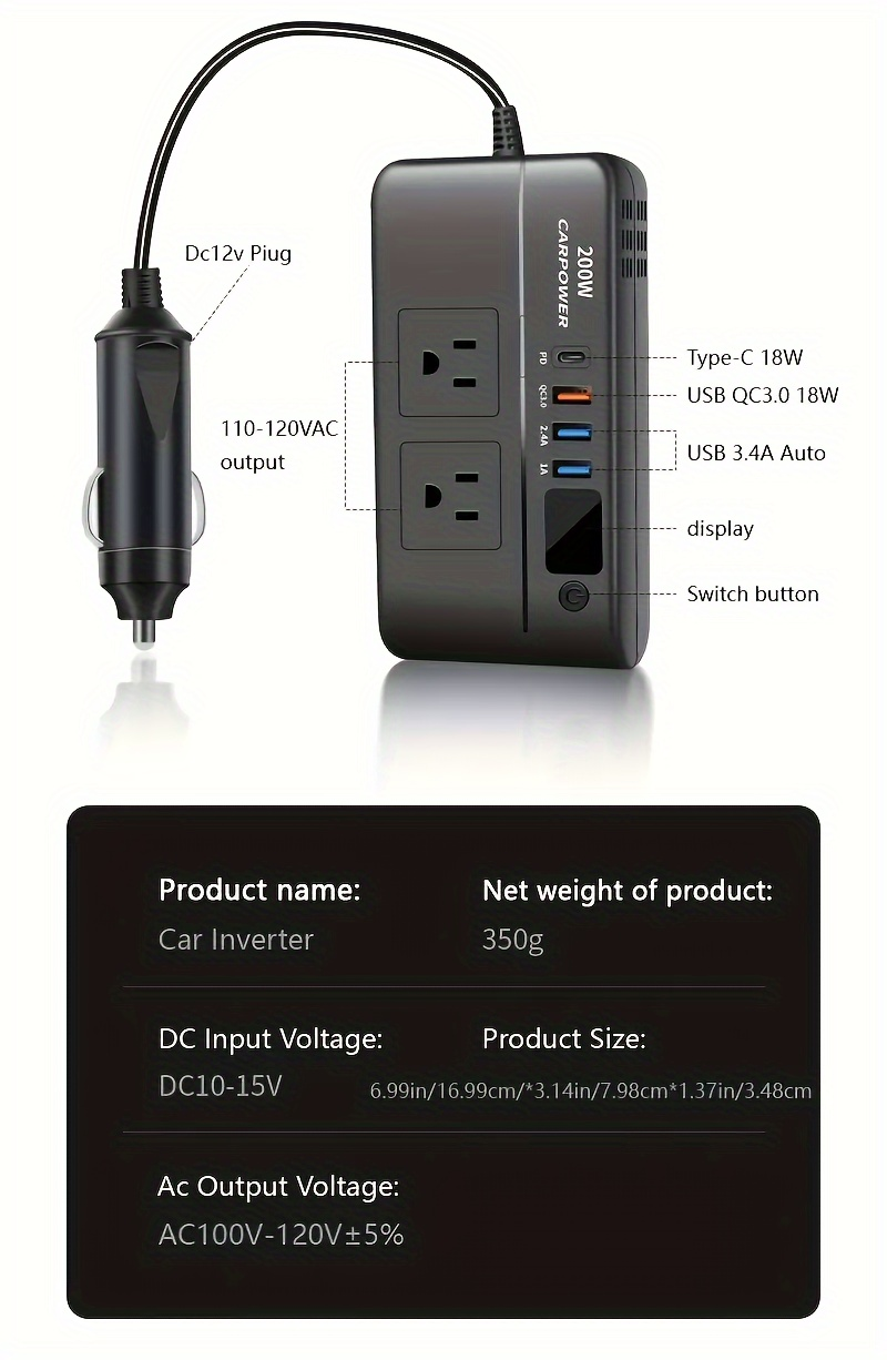 200W Car Power Inverter DC 12V to AC 110V with USB-C PD 20W & QC3.0 Fast Charging
