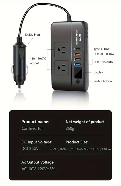 200W Car Power Inverter DC 12V to AC 110V with USB-C PD 20W & QC3.0 Fast Charging