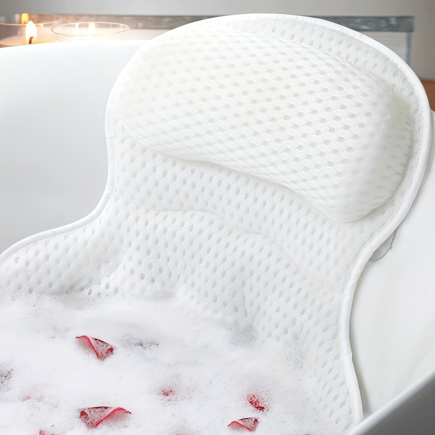 Bath Pillow 4D Air Mesh Neck Back Support with Anti-Slip Suction Cups Quick-Dry Machine Washable Luxury Bathtub Cushion Spa Relaxation Bathroom Accessory