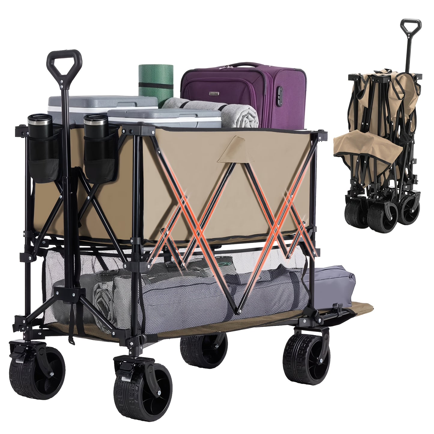 Folding Wagon Cart Double Decker 400L Collapsible Heavy Duty Outdoor Utility Cart 440LBS 54in Extended Shelf All-Terrain Wheels