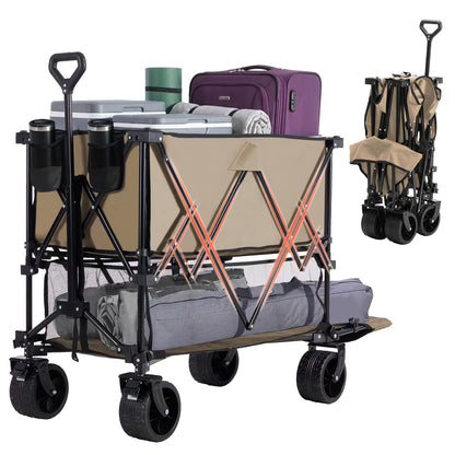 Folding Wagon Cart Double Decker 400L Collapsible Heavy Duty Outdoor Utility Cart 440LBS 54in Extended Shelf All-Terrain Wheels