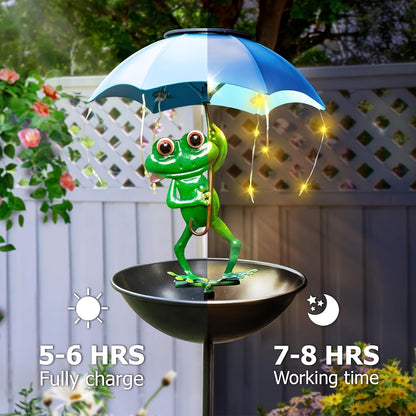 Solar Frog Statue Garden Light with Bird Feeder & LED String Decor