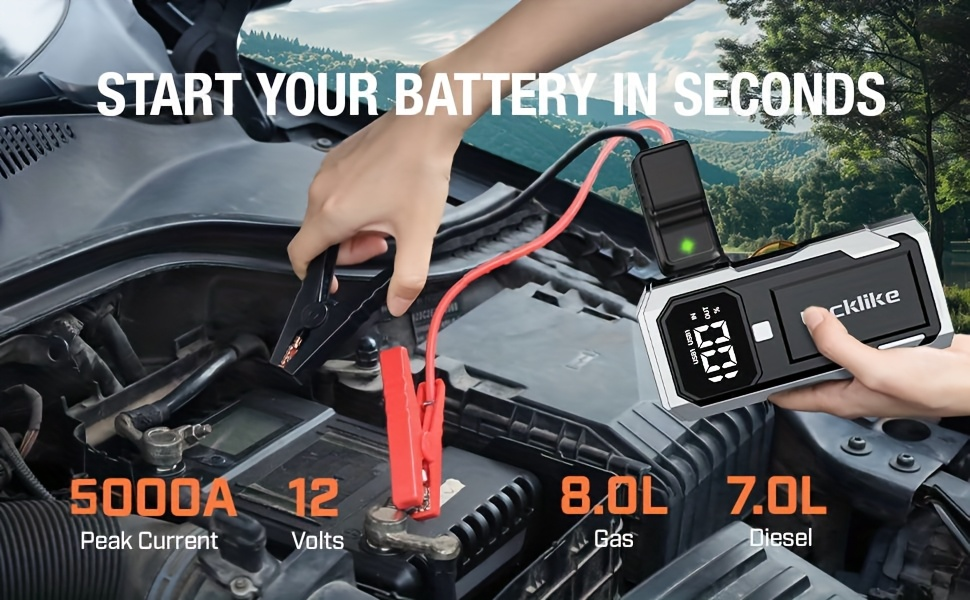 Battery Jump Starter 5000A 3000A Peak for Gas Diesel Engines QC3.0 18W Fast Charge USB-C Recharge Digital Display LED Light Intelligent Clamps Power Bank