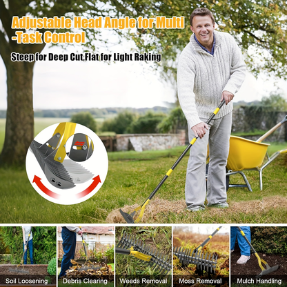Thatch Rake Heavy Duty Dual-Action - 15-Inch Manual Dethatcher & Lawn Scarifier with Sharp Metal Blades for Dead Grass Removal, Soil Loosening & Lawn Aeration - Available in 55 & 70 Inch Handle