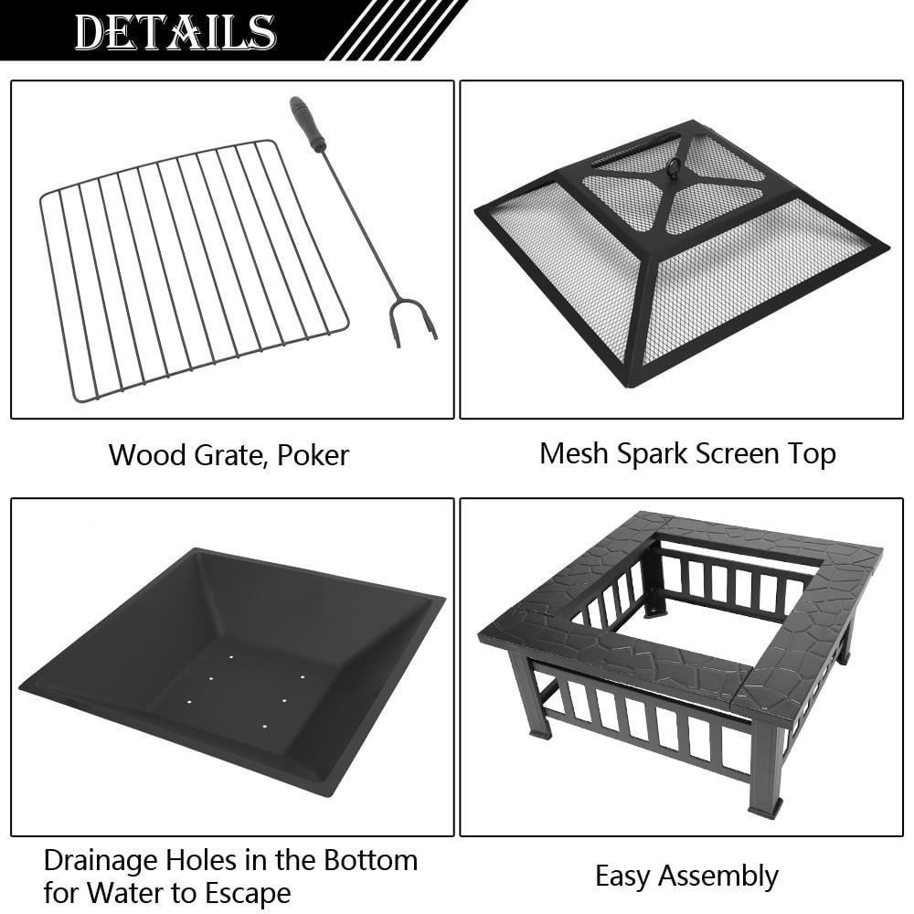 Fire Pit | Square Outdoor Metal BBQ Patio Backyard Camping Fireplace