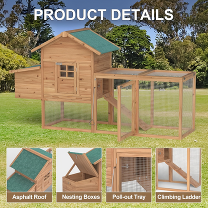 Chicken Coop with Run Large Outdoor Wooden Hen House 82 Inch Walk-in Poultry Cage for 2-4 Chickens Ducks Rabbits with Nesting Box Removable Tray Wheels