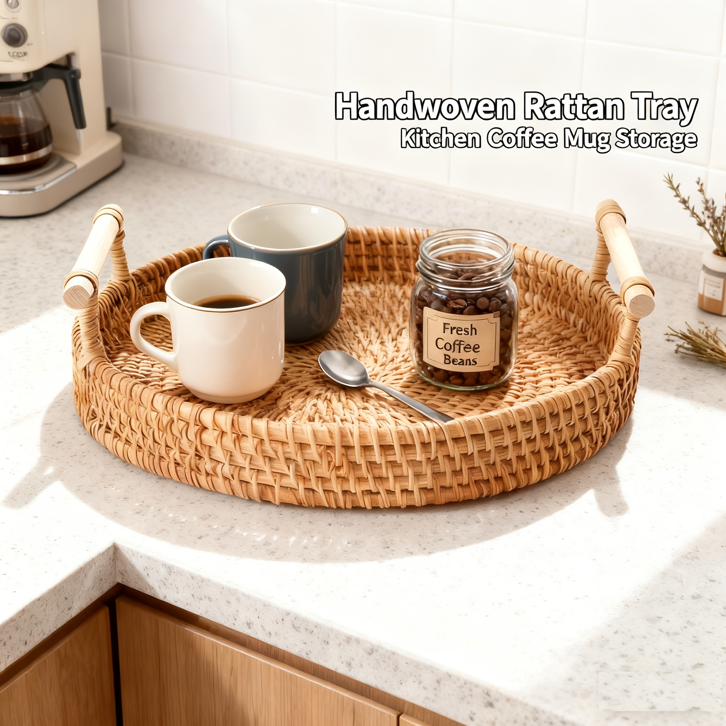 Cheese Board Tray Set - Hand-Woven Rattan Decorative Serving Tray with Handles, Boho Farmhouse Wicker Basket for Coffee Table, Fruit Bread Snack Gift, 3-Piece