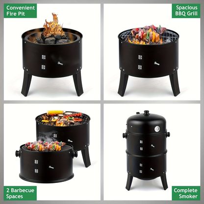 Charcoal Smoker Grill 3-in-1 Portable Outdoor BBQ with Built-in Thermometer, Adjustable Height & Spacious Cooking Grate for Camping Backyard Tailgate, Black