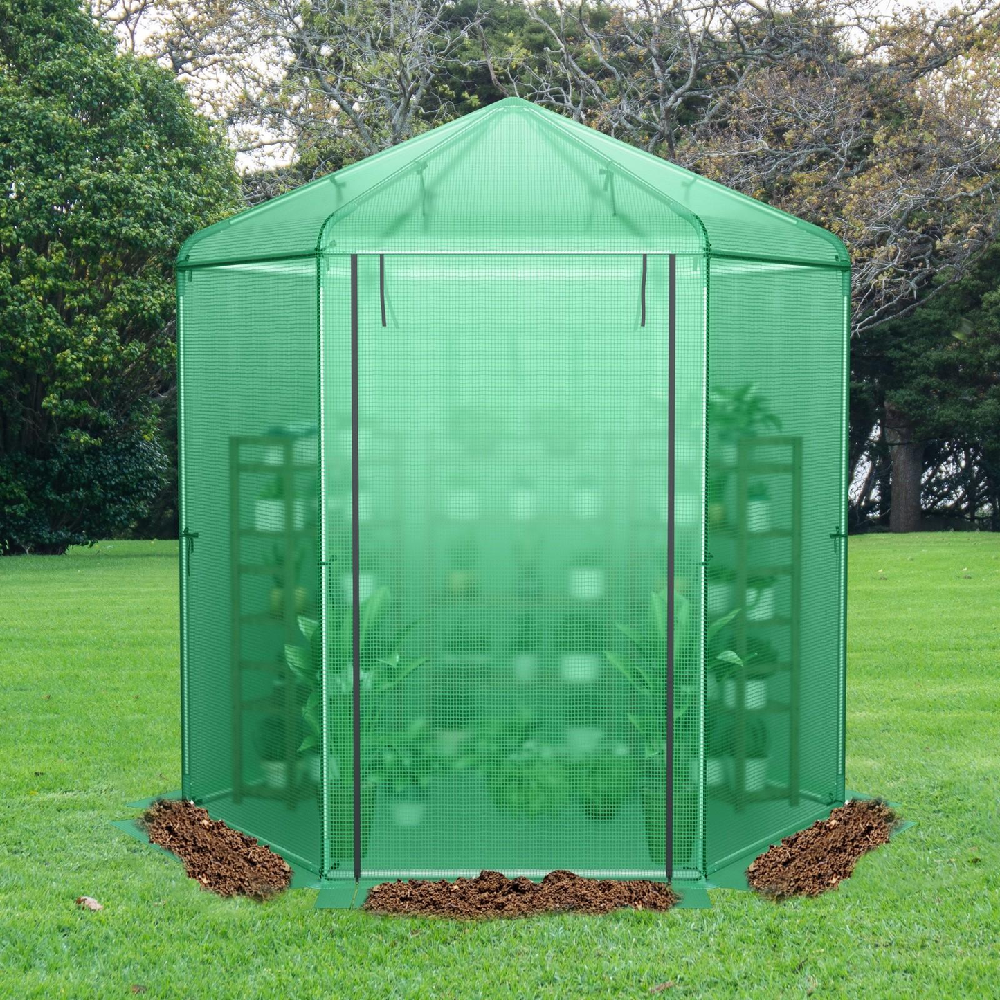 Walk-In Greenhouse 85"x72"x90" with PE Cover, Roll-Up Door & Mesh Window, 6 Ground Stakes & Ropes for Secure Outdoor Setup, Green