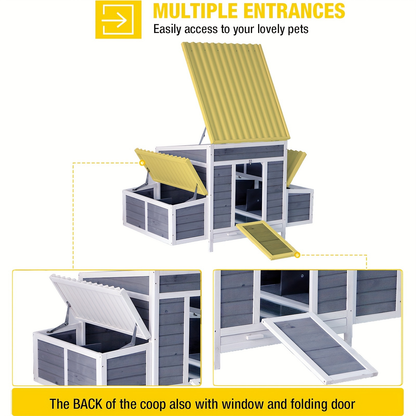 Wooden Chicken Coop with 2 Large Nesting Boxes for 4-6 Chickens | 59" Outdoor Hen House with Weatherproof PVC Roof, Ramps, Perches & Multiple Entrances