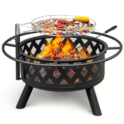 Fire Pit with Grill | Round Iron Wood Burning Patio Backyard Cooking