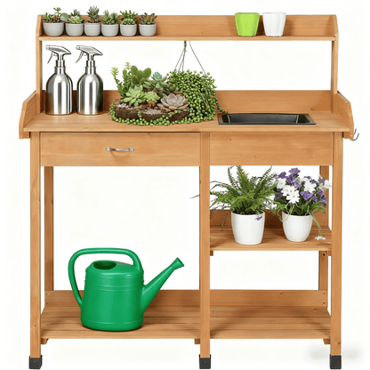Garden Potting Table 4-Tier with Removable Sink, Adjustable Shelf, Drawer & Side Hooks, Outdoor Planter Stand for Yard Greenhouse in Wood, Brown & Gray