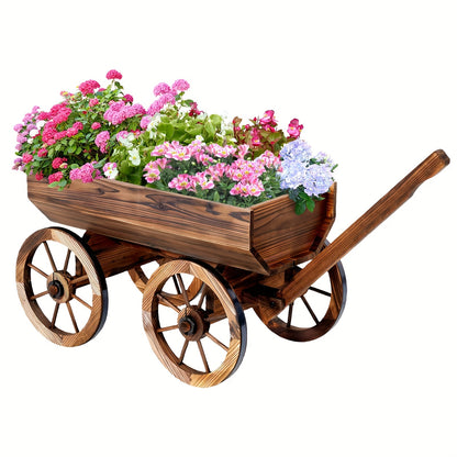 Wooden Wagon Planter with Wheels – Rustic Handcrafted Flower Cart for Patio, Balcony & Garden, Multi-Tier Ladder Shelf Outdoor Yard Decor