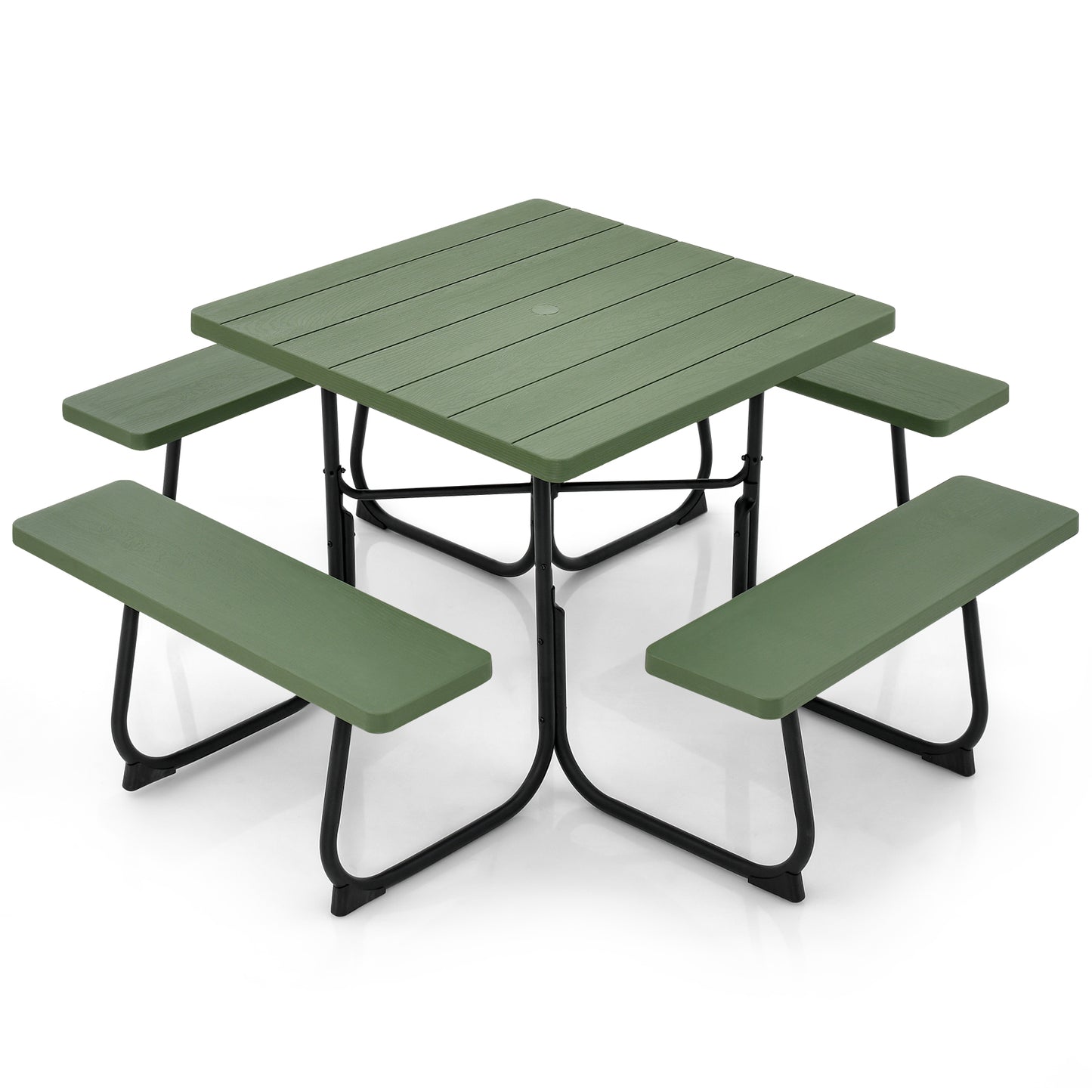 Outdoor Picnic Table 8-Person, Square HDPE Table with 4 Built-in Benches, Umbrella Hole, Metal Frame, Backyard Patio Garden Bench Set Grey/Green